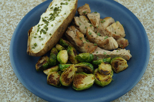 Balsamic-Glazed Brussels Sprouts with Pan-Seared Chicken & Baked 'Tater