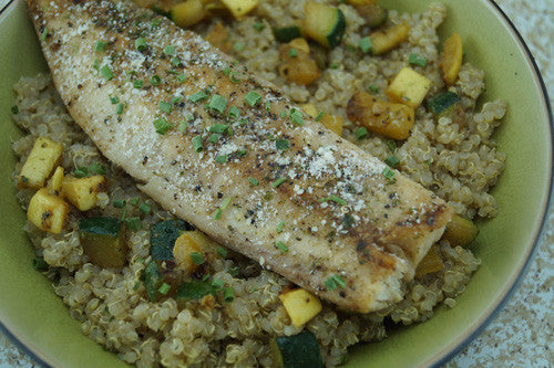 Pan-Cooked Cod with Squash and Zucchini Fried Quinoa