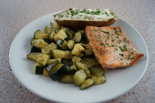 Easy & Healthy Pan-Cooked Salmon & Zucchini with a Baked Potato