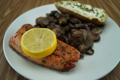 Pan-Cooked Salmon with Mushrooms & Baked Potato