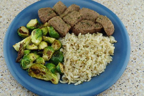 Steak with Balsamic-Glazed Brussels Sprouts & Rice