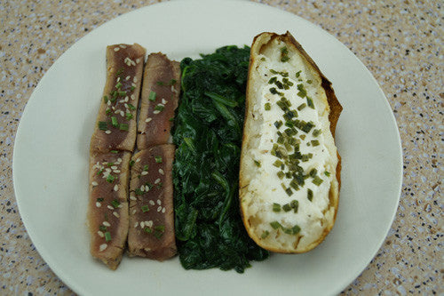 Pan-Seared Ahi with Spinach & Baked Potato