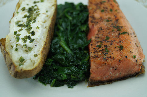 Seared Salmon with Sautéed Spinach & Baked Potato