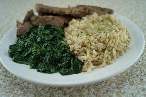 Pan-Seared Steak with Spinach & Rice