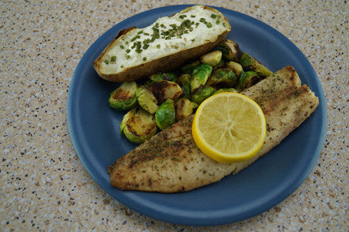 Buttery Whitefish with Pan-Fried Brussels Sprouts & Baked Potato