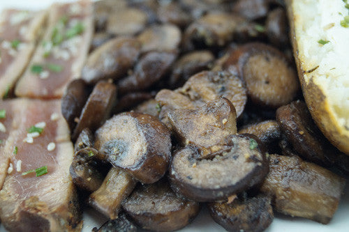 Easy Dinner with Seared Ahi Tuna, Mushrooms & Baked Potato