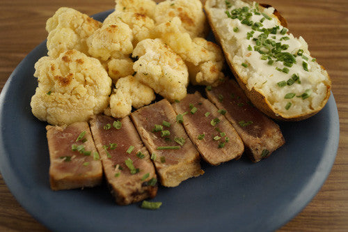 Pan-Seared Ahi Tuna with Baked Potato & Sauteed Cauliflower