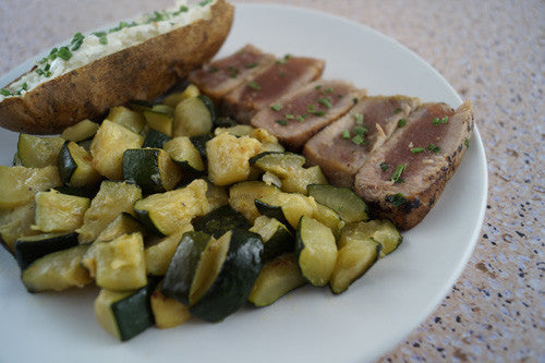 Seared Ahi Tuna with Sauteed Zucchini & Baked Potato
