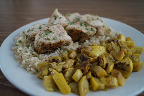Pan-Cooked Chicken with Sauteed Squash & Rice