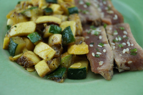Seared Ahi Tuna with Fried Squash and Zucchini Quinoa